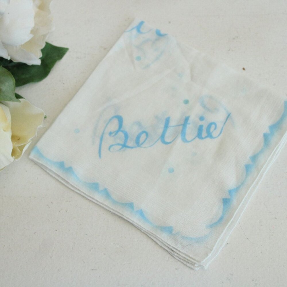 Vintage 1950s Handkerchief for Bettie, White Cotton with Blue and White Flowers